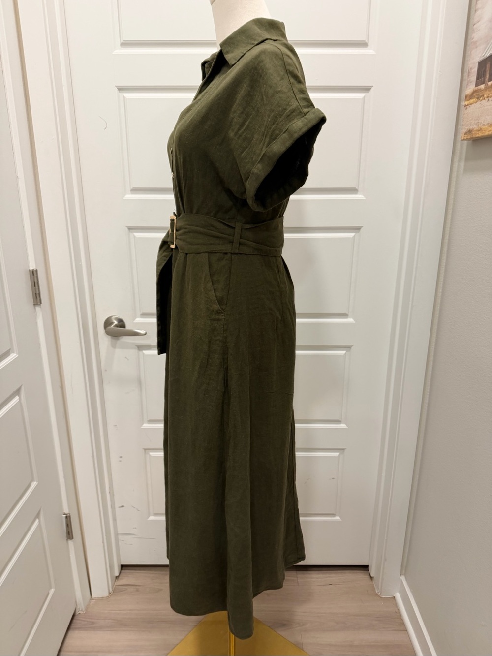 Zara Linen-Blend Olive Button-Front Shirt Maxi Dress with Belt - Picture 8 of 12